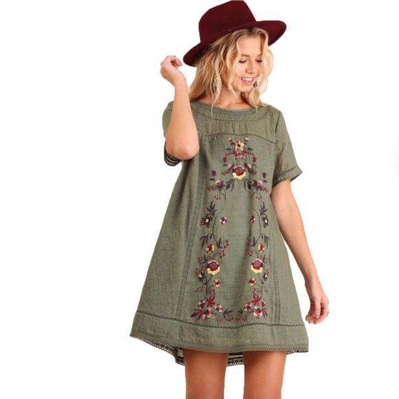Umgee Dresses & Skirts - Umgee Women's Bohemian Embroidered Long Sleeve Dress  Olive Size Small